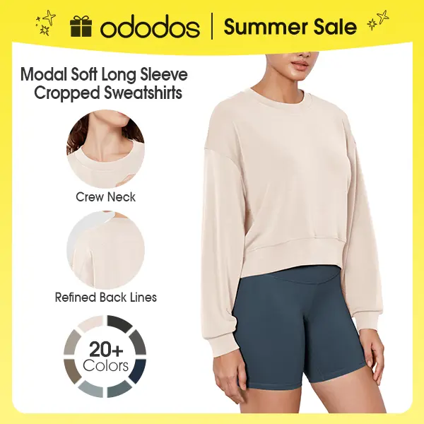 ODODOS Women's Modal Soft Long Sleeve Oversized Crew Neck Cropped Sweatshirt - Smooth, Chic Garment, Breathable Apparel, Comfy Crop Tee, Aesthetic, Sweatpants, Jogger