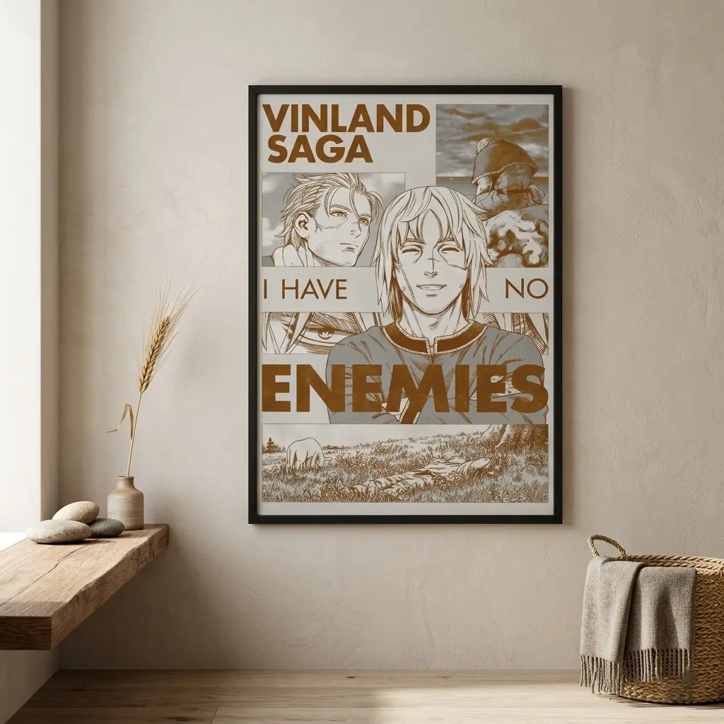 Vinland Saga "I Have No Enemies" Inspirational Anime Wall Art Poster - 100% Eco Friendly Premium Materials - High-Definition Manga Art - Sleek Black Frame or Minimalist Rolled Print Options - Soothing Gift for Anime Fans