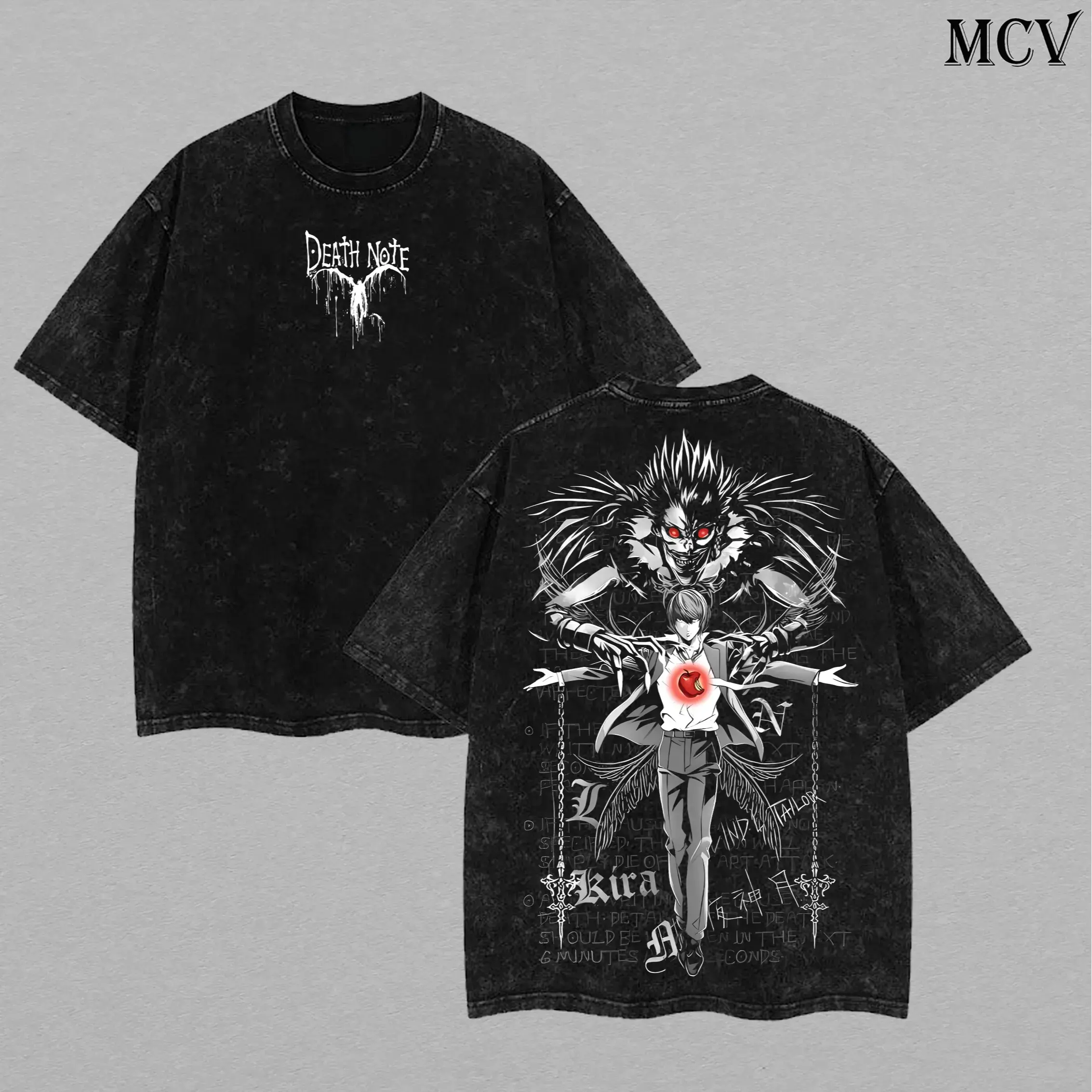 Men's Death Note Ryuk & Light Yagami (Kira) Washed Cotton Graphic Tee - Fitted Cut Figure Print Vintage Streetwear Short-Sleeve Menswear Top, Sportswear Activewear