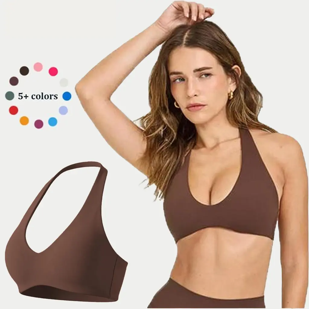 DEEFY SOFTMOTION Minimal Halter Neck Bralette Fitness Gymwear Halter SportsTop Open Back Padded Gym Workout Sportswear Women Seamless Tank Activewear Tops Low Impact Bra Gym