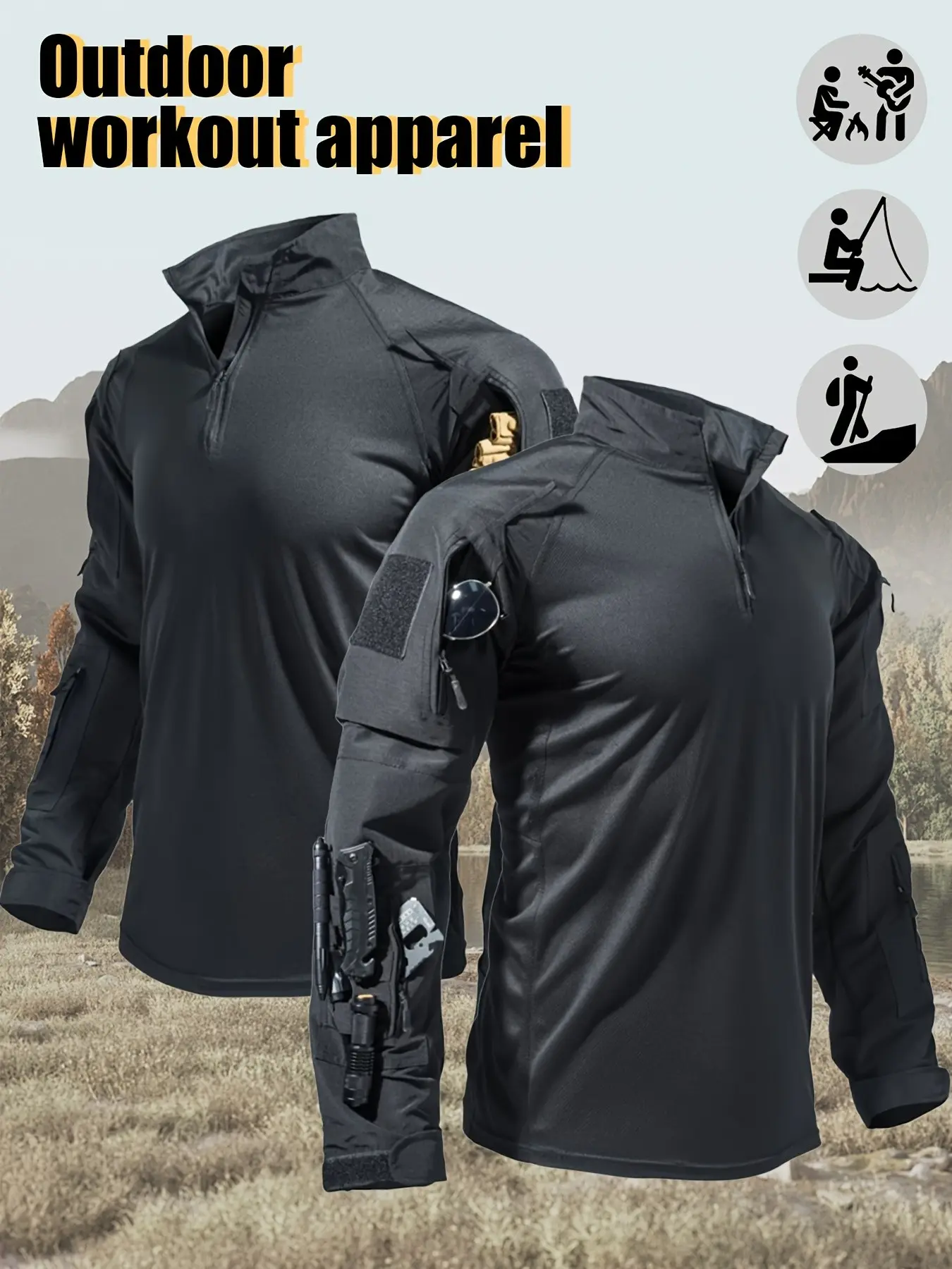 Men's Long-Sleeve Multi-Pocket Breathable Fabric Sports Training Combat T-Shirt, Scratch-Resistant Workwear, Athletic Apparel, Athletic Clothes, Ideal for Hiking, Running, Fishing and Other Activities