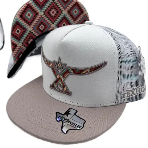 TEXHORN Cap, Style: Morelos Aztec, White, Mesh Back, Gray Accents, Durable Design