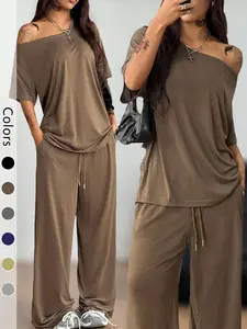 Women's 2-Piece Sleepwear Set, Loungewear, Casual Solid Color Sporty Two-Piece, Loose Short Sleeve Long Pants, Comfortable Home Wear