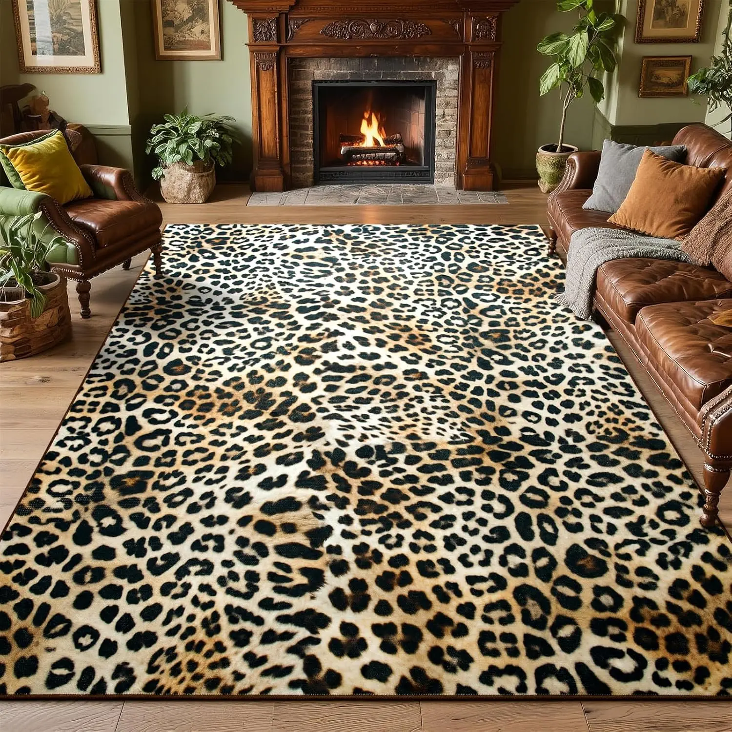 Leopard Print Animal Velvet Rug - Anti-Skid Rubber Backing, Dustproof, Durable Low Pile, Machine Washable Rugs for Living Room, Funky Unique Home Decor, Animals, Living Room Rugs