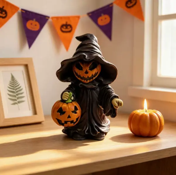 Halloween Pumpkin Head Witch  Statue, Spooky Jack-o'-Lantern Figurine with Mini Pumpkin, Goth Home & Table , Halloween Party Tiered Tray Ornament garden decor supply funny decoration sculpture outdoor lawn