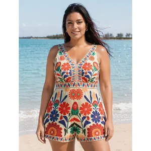 BLOOMCHIC Plus Size Floral Print Pockets Onepiece Swim Romper - Casual Floral Print Swimwear, Size M-6X, 2026 Spotlight, Summer Swimwear Deal, Casual Swimwear