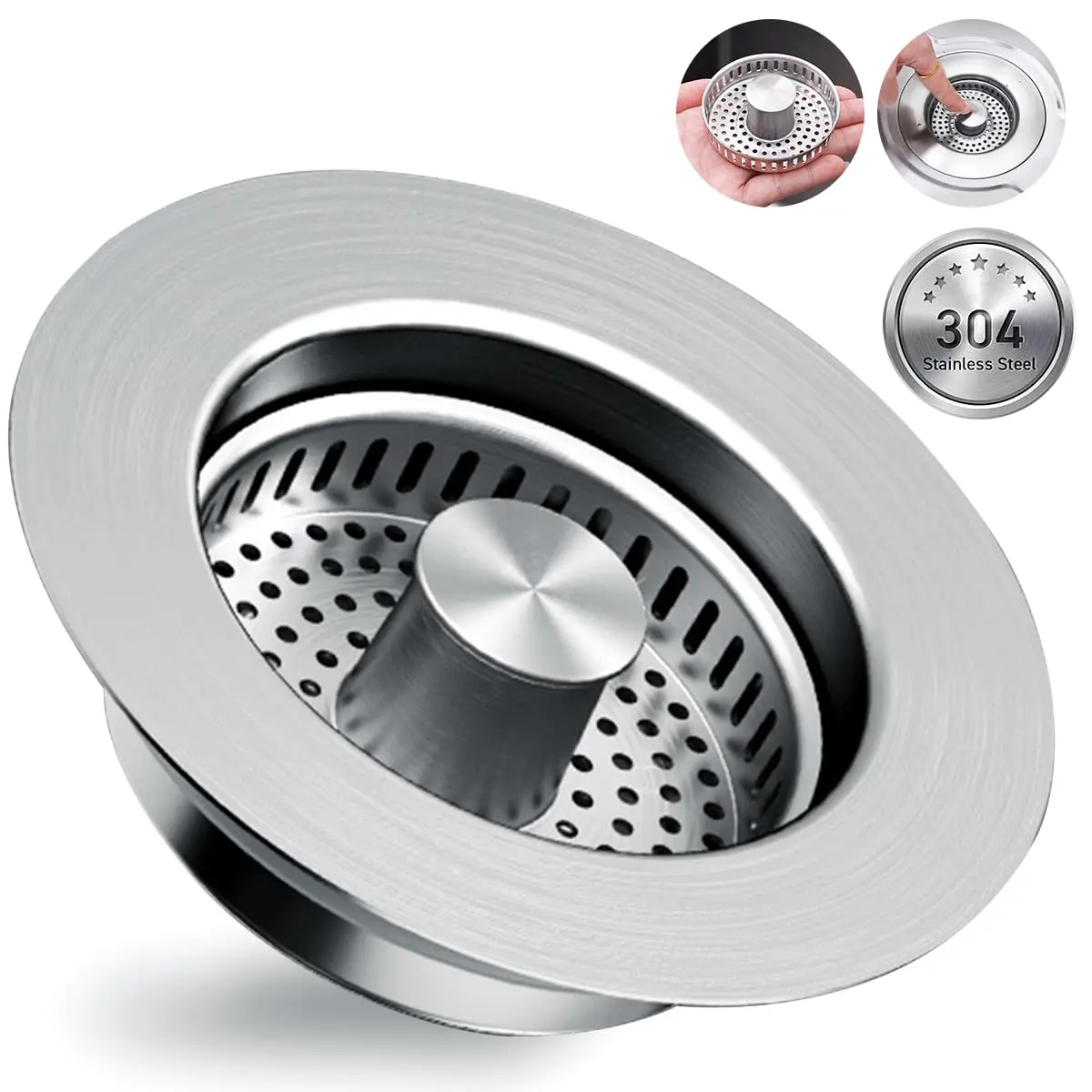 Upgraded 3-in-1 Kitchen Sink Drain Strainer with Solid Brass Core, Fast-Drain Pop-Up Sink Stopper, 304 Stainless Steel, Removable Anti-Clog Basket, for US Standard 3-1/2'' Drains