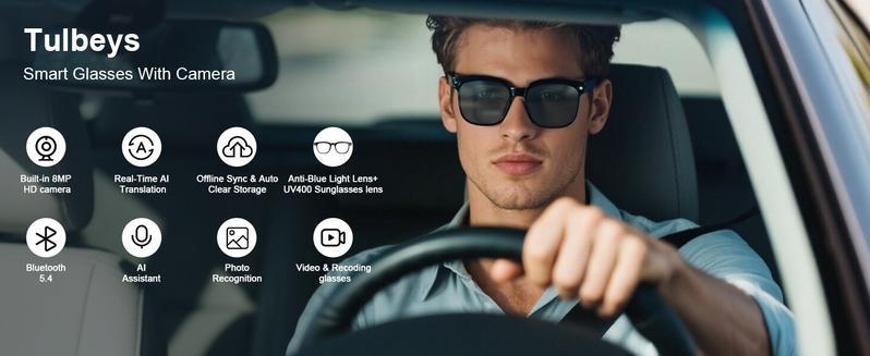 AI Smart Glasses with Camera and Audio, 8MP HD Camera Glasses for Men Women,1080P Video Recording Sunglasses,Real Time Translation,Voice Assistant, Open-Ear Audio for Travel, Meetings & Vlogging