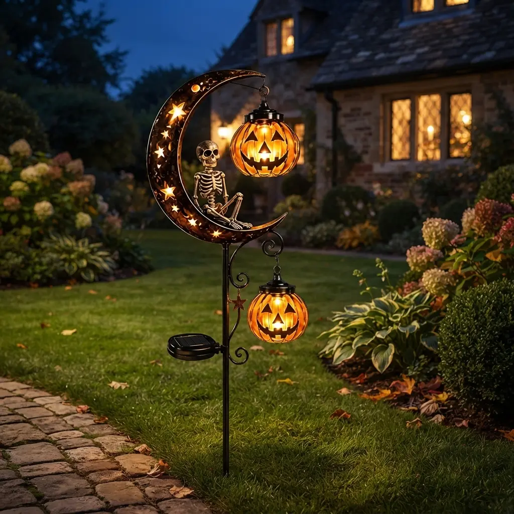 Solar Halloween Metal Garden Stake Light - Pumpkin Skeleton, Crescent Moon with Glowing Lanterns, Waterproof Outdoor Pathway Decor, Spooky Fall Landscape Lighting Gift for Garden Lovers