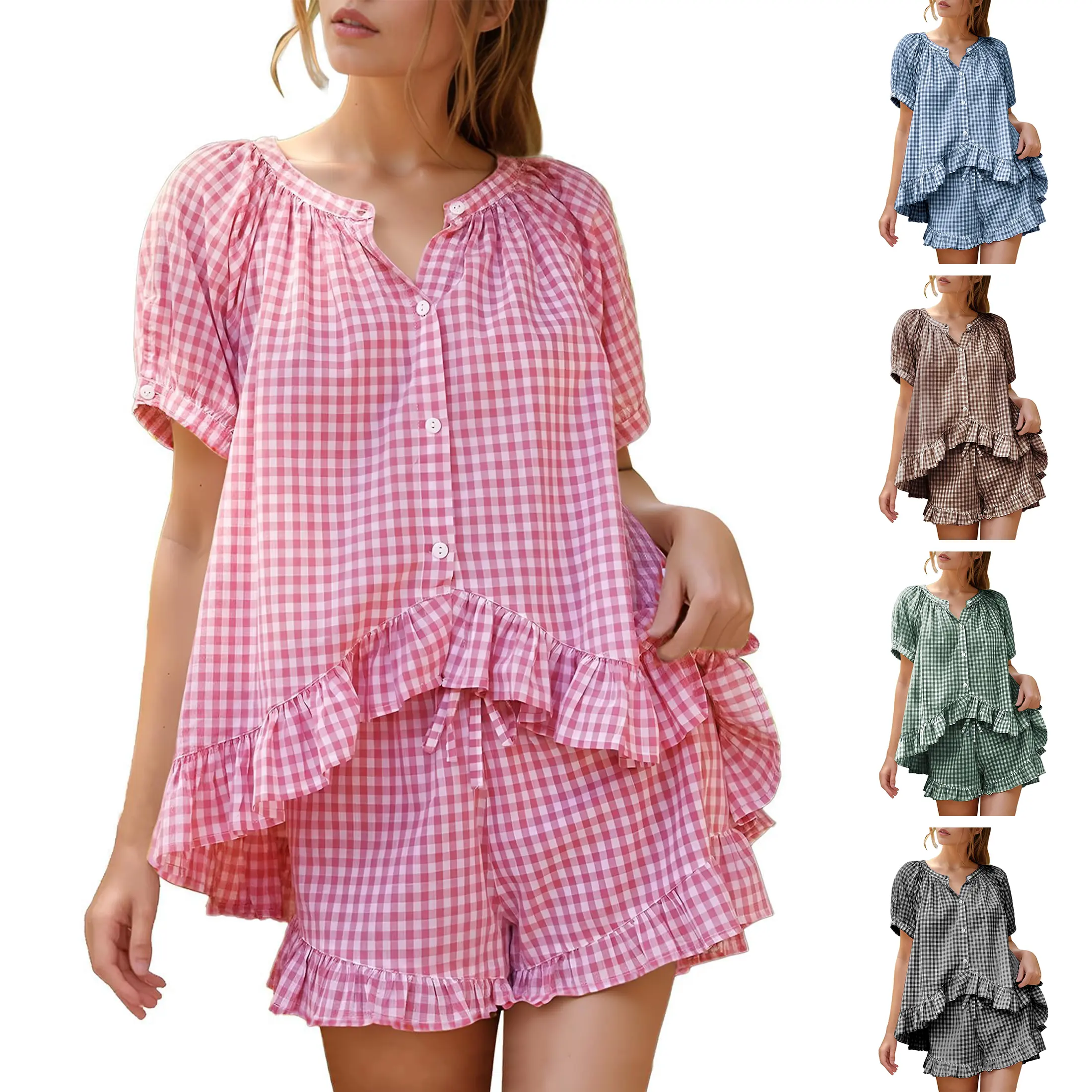 JovenPara Women’s Gingham Pajama Set Cute Ruffle Shorts Lounge Set Soft Button Down Sleepwear Summer Matching Set