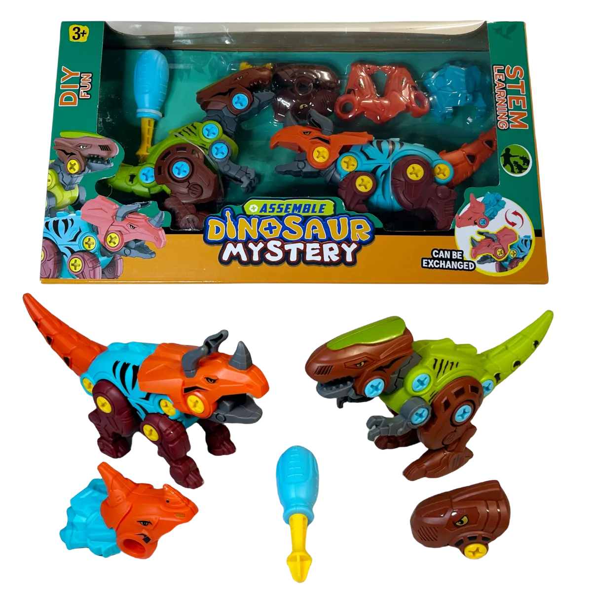 Channie's STEM DIY Assemble Dino Mystery 2 Pack-Create, Build, & Play T-Rex & Triceratops