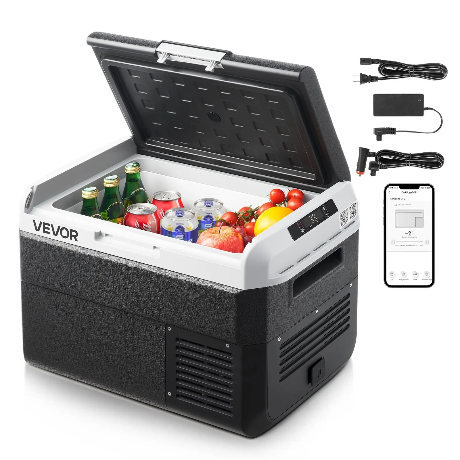 VEVOR 12V Compact Rolling Beverage Refrigerator, 26.4QT/25L Multifunctional Compressor Freezer with 26.4QT Capacity, -4℉ to 68℉ Adjustable Temp, 12/24V DC & 100-240V AC Power, for Camping, RV Use