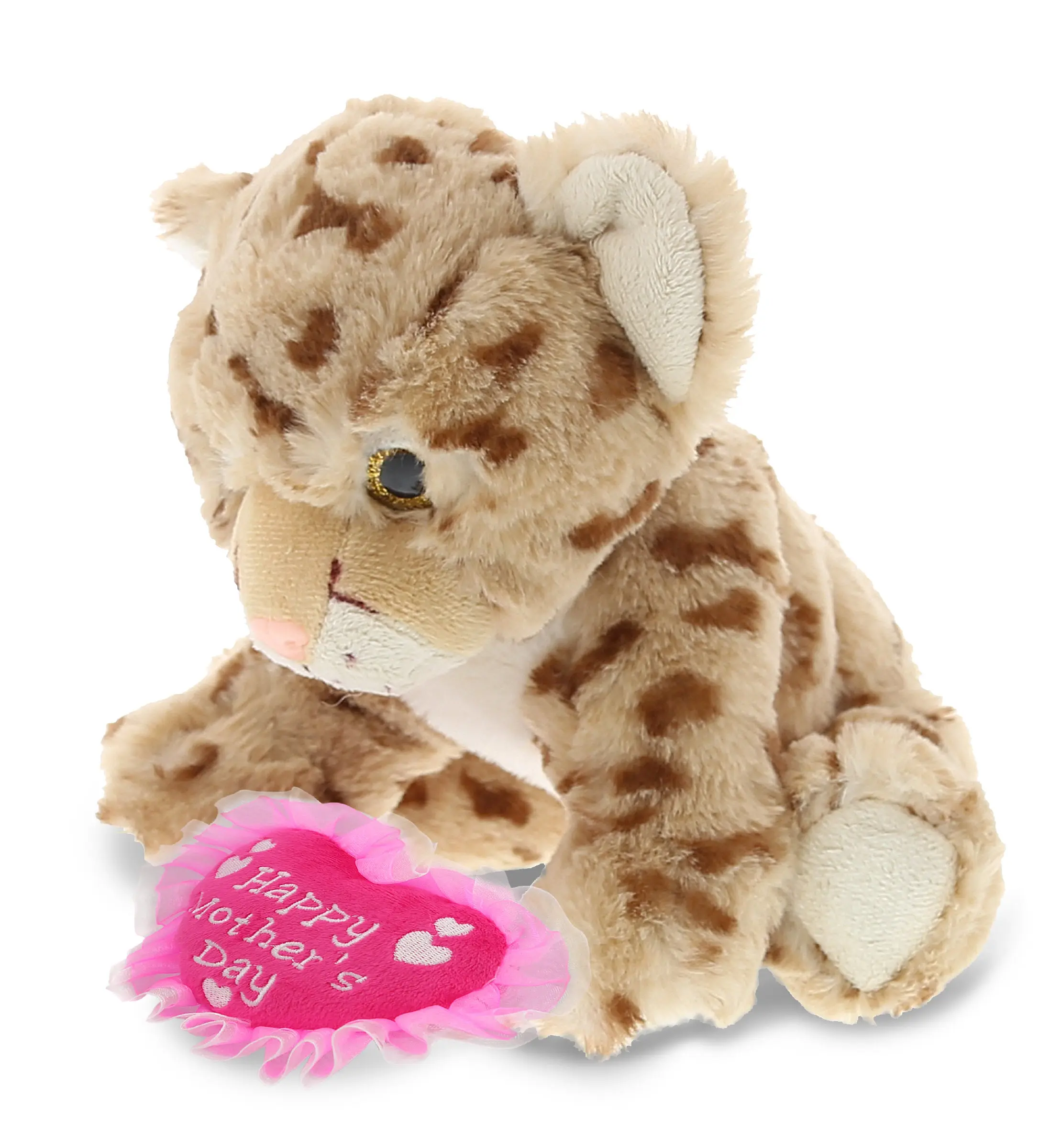 DOLLIBU Soft Stuffed Animal - 7? x 12? x 8.5? Inches Durable Polyester Fabric Embroidery Squat Cheetah Plush Heart Toy, 1 Large Bedroom Toy, Happy Mother's Day Message Gift