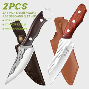 2pc Wooden Handle Boning & Butcher Knife Set -Stainless Steel Blade- Professional Meat Trimming & Deboning Combo for Home & Commercial Kitchens