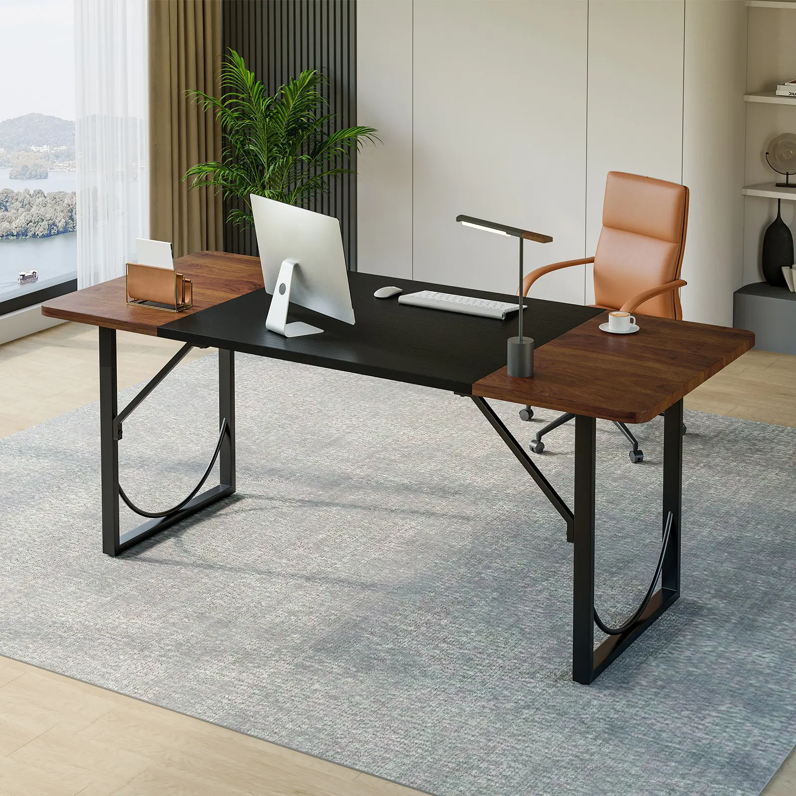 Pinmoco 63-in Executive Height-Adjustable Curved Edge Desk - Metal Frame Home Office Workstation, Multi Purpose Desk, 200 lbs Capacity, Assembly Required