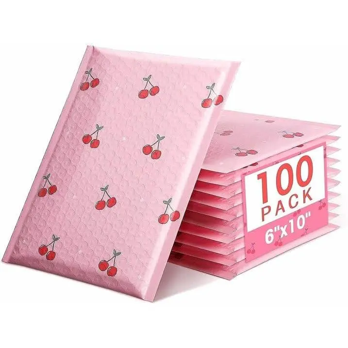 Pink Poly Bubble Mailers (6x10 In, 100 Pack) - Self-Sealing Synthetic Custom Designed Padded Envelopes for Package Protection, Small Business Shipping & Packaging
