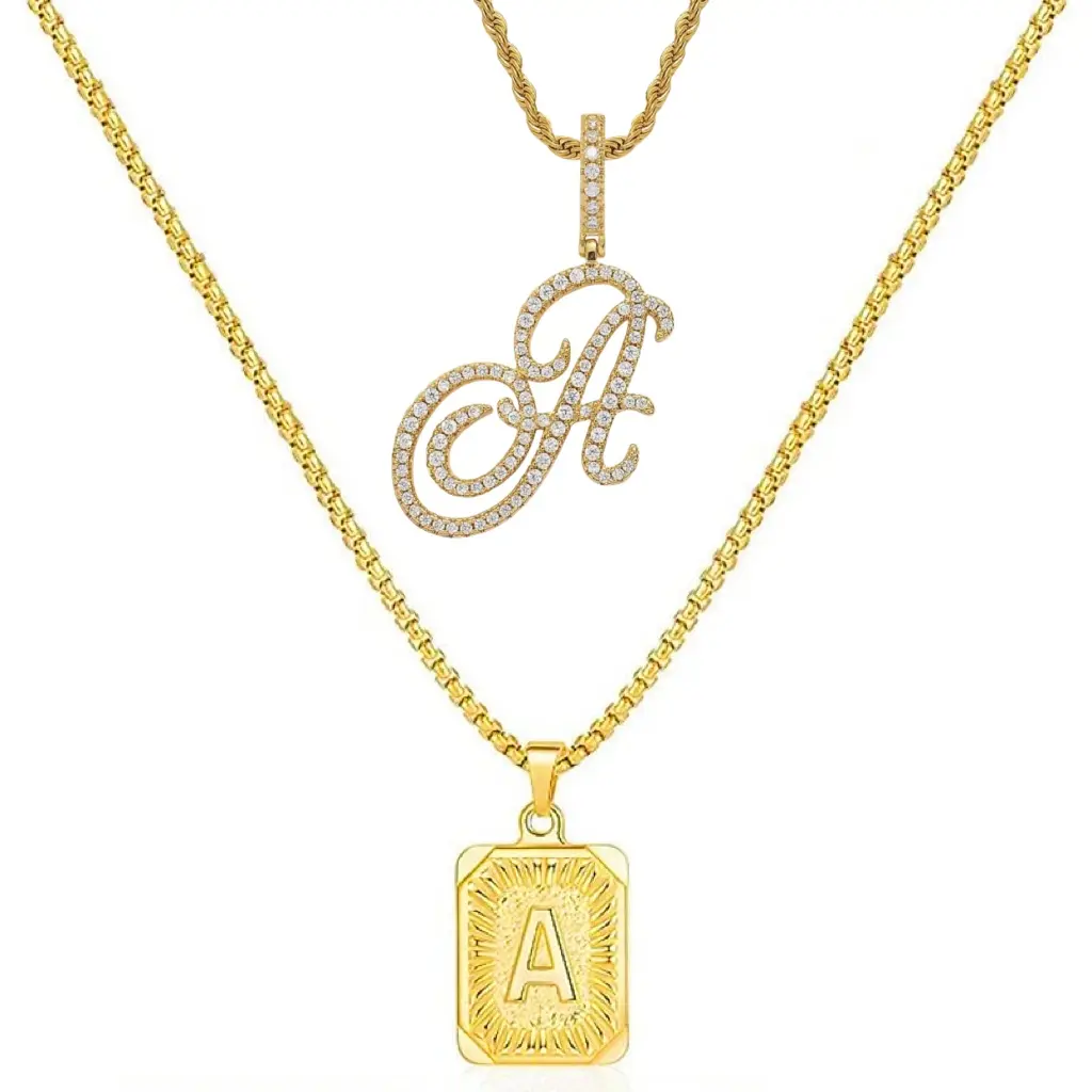 Set of 2 (2 initials necklace include gift), 26 letters necklace, floral alphabet necklace, 20'' Letter Pendant + 24'' Rectangular Tag, buy 1 letter necklace get 1 floral initial necklace free.