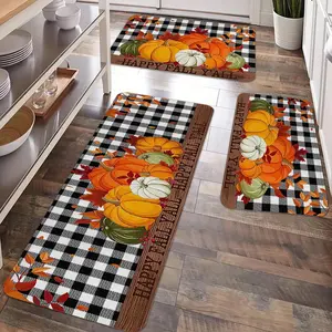 2/3pcs autumn Thanksgiving kitchen floor mat carpet, autumn maple leaf printed flannel soft, durable, anti fall floor mat, Thanksgiving party kitchen, dining room, living room floor decoration carpet, Checkered Rug, Washable Kitchen Rugs