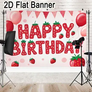 2D flat banner, 1pcStrawberry Happy Birthday Banner, Cute Strawberry - Shaped Letters Party Decorations with Bunting Flags & Balloons, Light Pink Dot Background Birthday Supplies