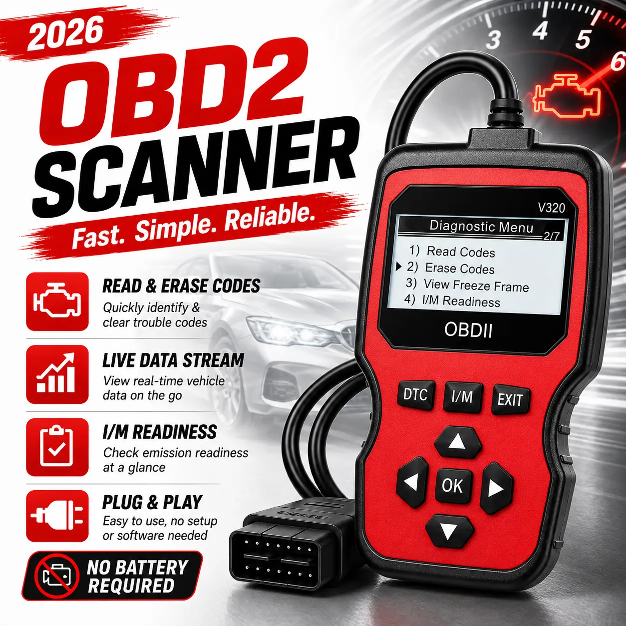 V320 OBD2 Scanner Code Reader, automotive engine diagnostic tool with code reading and clearing, live data, freeze frame, I/M readiness, and DTC lookup for most 12V OBDII/EOBD vehicles stream