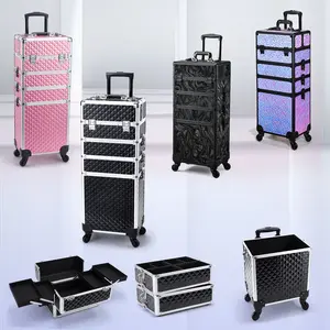 4 in 1 Rolling Makeup Case Professional Cosmetic Train Case on Wheels Extra Large Trolley Travel Nail Box Organizer for Salon Barber Nail Tattoo
