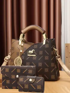 New Fashion High-End Geometric Print Large Capacity Three-Piece Handbag Set, Casual Style, All Seasons, Letter Pattern