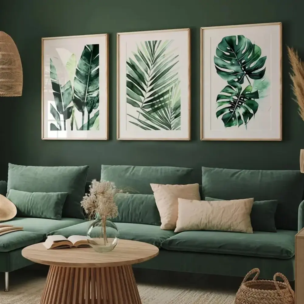 Tropical Plant Watercolor Poster Set of Three, Exotic Leaf Watercolor Painting, Minimalist Modern Murals for Living Room and Bedroom Decoration, Framed and Unbamed for You to Choose from