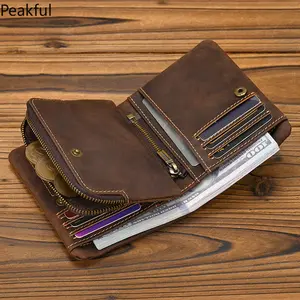 Crazy Horse Leather Bifold Wallet – RFID Blocking, Zipper Coin Pocket, Snap Closure, Durable Multi-Card Wallet for Travel, Gifts & Everyday Style