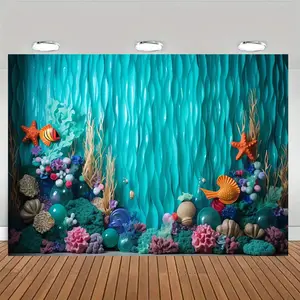 Underwater Fish Theme Party Banner, 1 Count Photo Props Background Cloth, Indoor and Outdoor Home Background Decoration