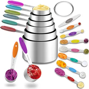 16-Piece Magnetic Measuring Set - 8 Stainless Steel Cups with Non-Slip Colorful Silicone Handles + 7 Magnetic Spoons + 1 Magnetic Leveler | Food-Grade 18/8 Stainless Steel, Dishwasher Safe | Viral Kitchen Gadget for Baking, Chinese Cooking, Coffee Brewing
