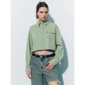 URBAN REVIVO Women's Basic Cotton Blouse - 2026 Viral Casual Loose-Fit Cropped Button-Up Shirt, Long/Short Sleeves Options, Fabric Details, Women's Longsleeves Clothes