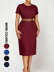 Summer New Women's Fashion Round Neck Belt Dress, Solid Color Versatile Commute Simple Style, Breathable Comfort Short Sleeve Dress