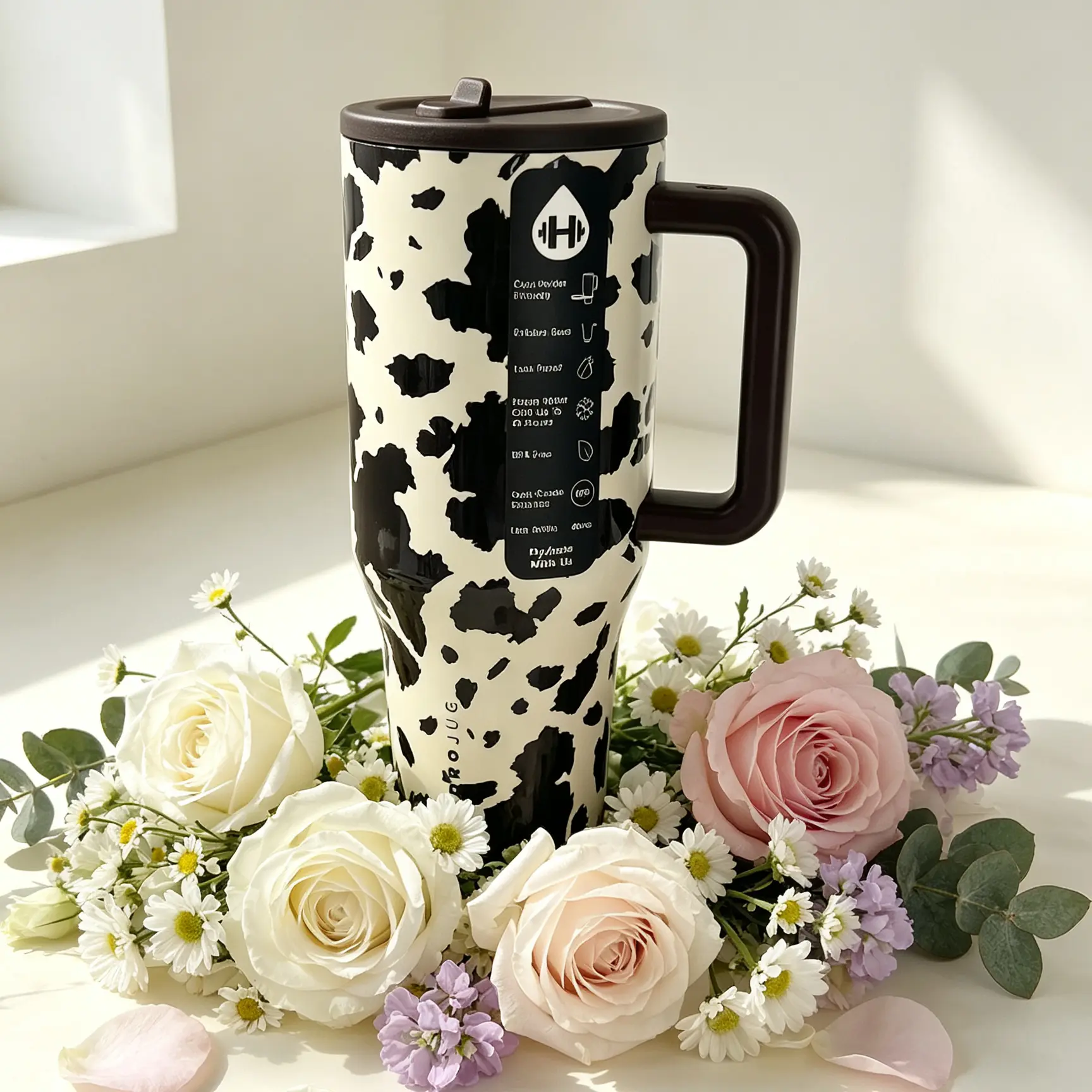 HydroJug 40oz Large Capacity Insulated Tumbler with Straw, Cow Print Pattern, Suitable for Sports, Outdoor and All Scenarios, Fits Car Cup Holders, All-Day Hydration Must-Have, Perfect Gift for Men and Women