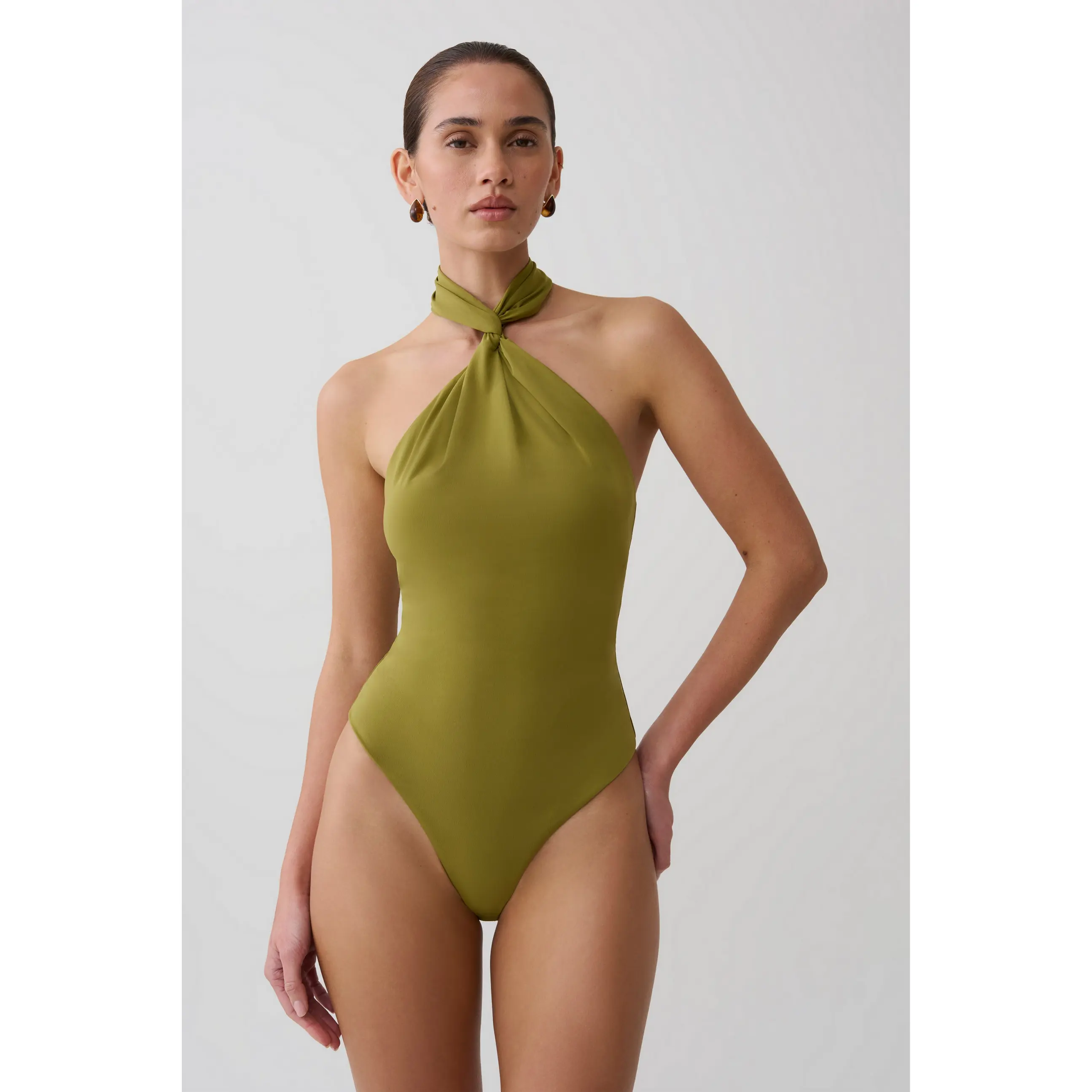 Bambi Twisted Neck Dry Jersey Bodysuit - Martini Olive