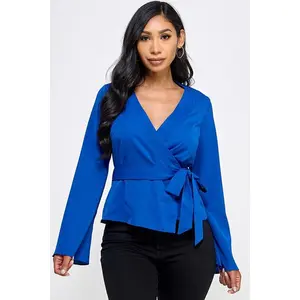 Royal Blue Wrap Blouse – Long Sleeve with Adjustable Side Tie