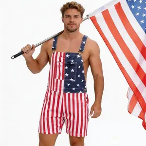 4th July American Flag Romper Denim Overall Shorts for Women Men Stretchy Comfort Fit Jumpsuit 250th Birthday Party Outfit Patriotic Summer Clothes for Carnival Picnic Independence Day Fireworks