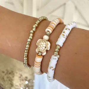Sea Turtle Bracelets - Set of 3 - Clay, Gold Glass and Semi Precious Howlite Beads