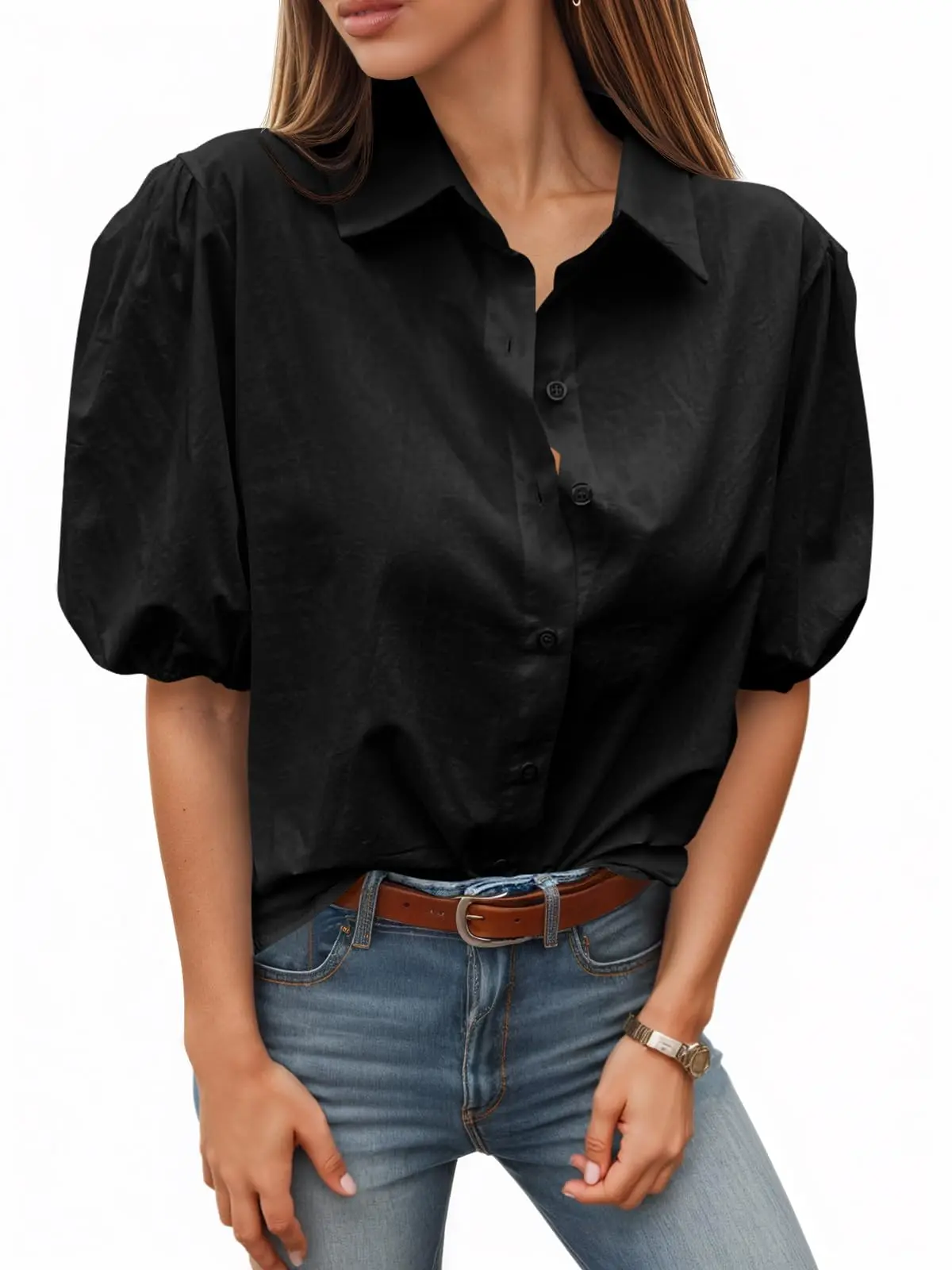 Tankaneo Women's Button Down Shirts Short Puff Sleeve Collared Dressy Casual Blouse Tops Elegant Breathable