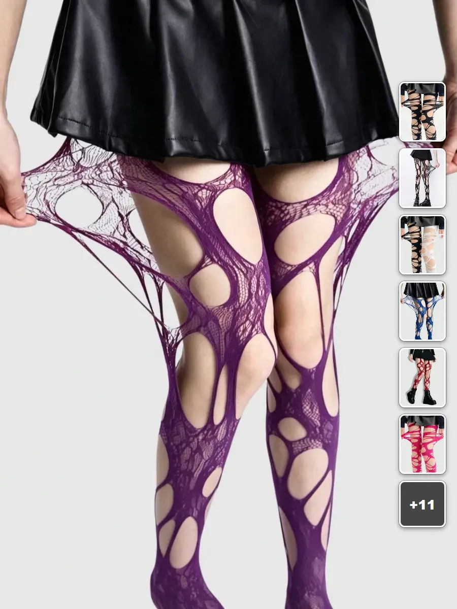 VELORA Hollow Ripped Fishnet Stockings Black Goth Sexy Hosiery Y2K Outfit
