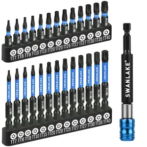 SWANLAKE Impact Torx Bit Set, 27-piece 1''&2'' Security Tamper Proof Magnetic Screwdriver Bits, T7-T40 CNC Machined Tips, S2 Steel Long Torque Star Bits with 4'' Impact Bit Holder and Storage Box