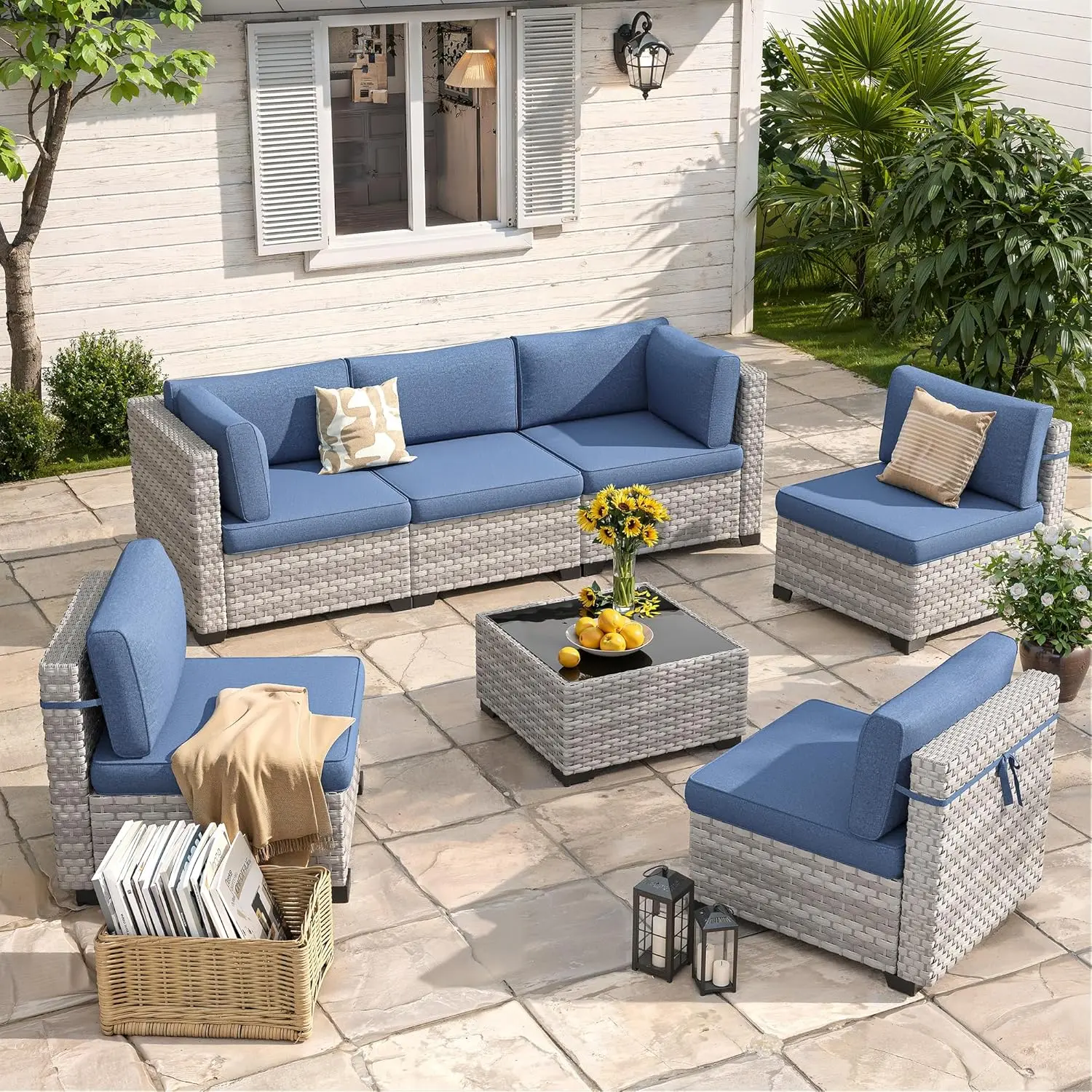 【2 packages delivery】7-Seat Modular Patio Furniture Set – Outdoor Wicker Sectional Sofa with Thick 4″ Cushions, Dual-Strand PE Rattan, Rust-Resistant 18 mm Steel Frame, Backyard Garden Deck Lounge, Patio Furniture Sets, Outdoor Furniture Set, Easy Assembl