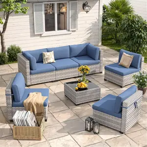 【2 packages delivery】7-Seat Modular Patio Furniture Set – Outdoor Wicker Sectional Sofa with Thick 4″ Cushions, Dual-Strand PE Rattan, Rust-Resistant 18 mm Steel Frame, Backyard Garden Deck Lounge, Patio Furniture Sets, Outdoor Furniture Set, Easy Assembl