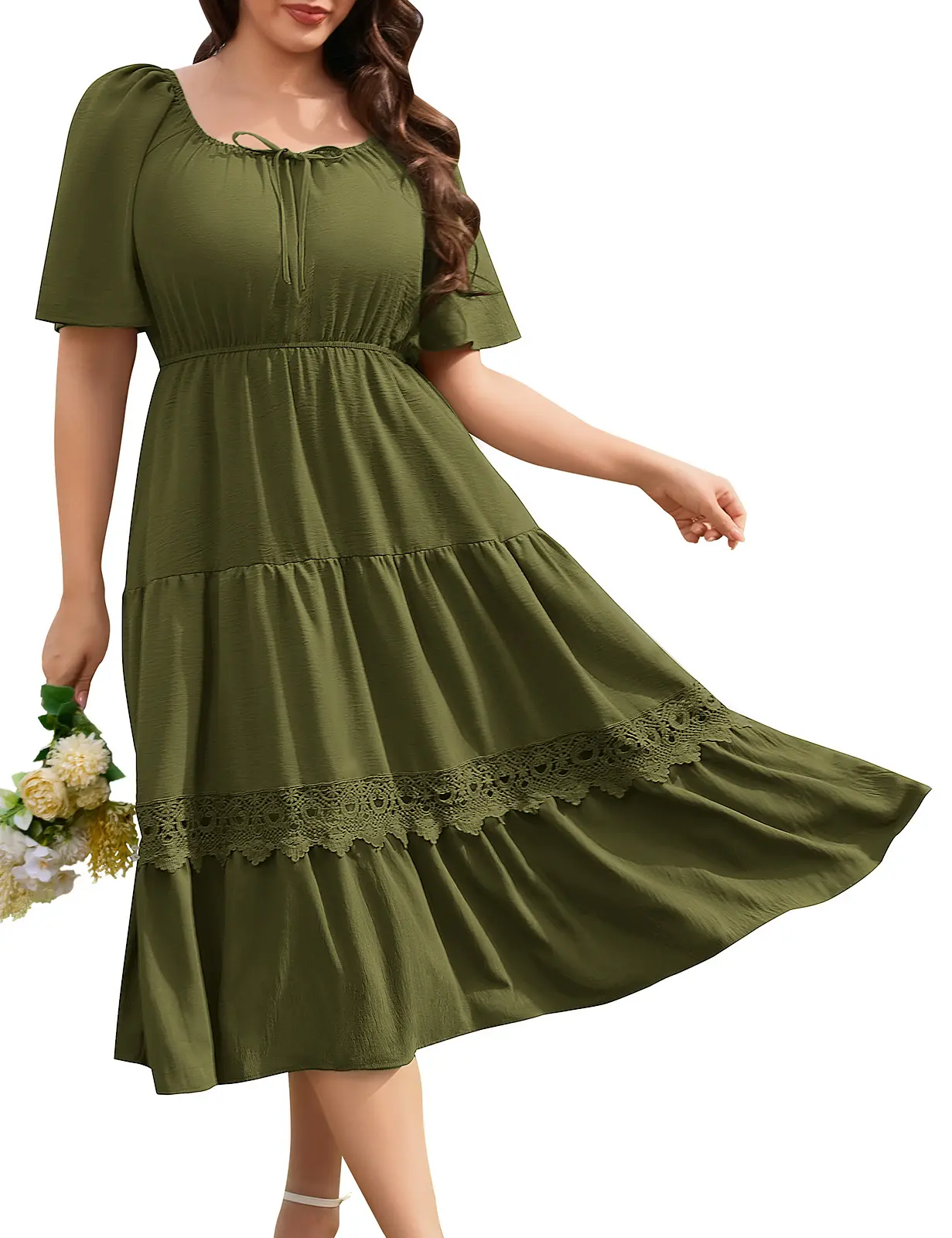 FASHORA Women Plus Size Tie Square Neck Puff Sleeve Tiered Midi Dress Lace Trim Flowy Boho Vacation Dress Chic Elegant