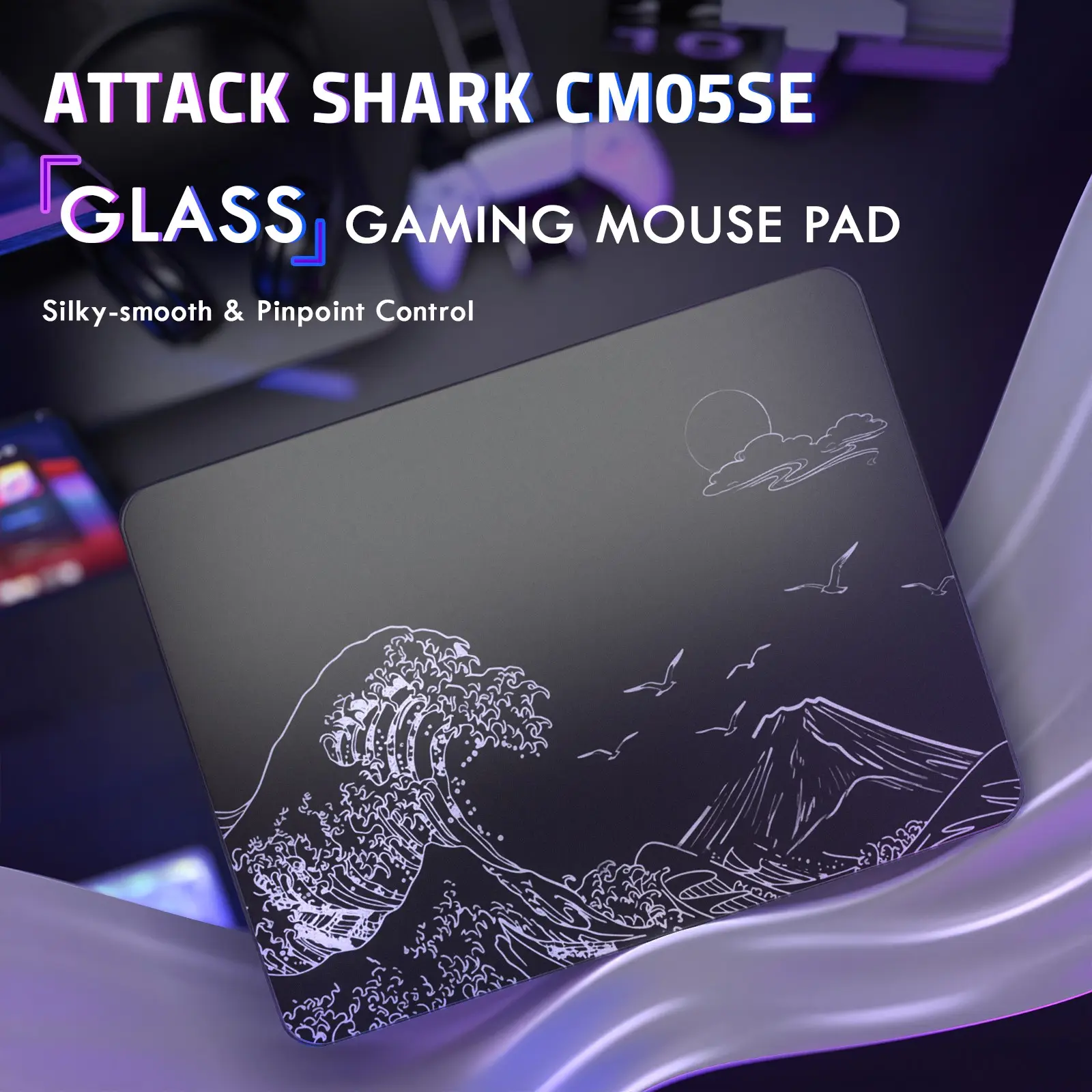 ATTACK SHARK CM05SE Glass Gaming Mouse Pad, Gaming Accessory, Made for Gaming, 16.14x12.20x0.2in Mouse Mat, Non Slip 9H Hard Mousepads, Nano-Textured Glass Surface with Improved Precision and Speed for FPS Players