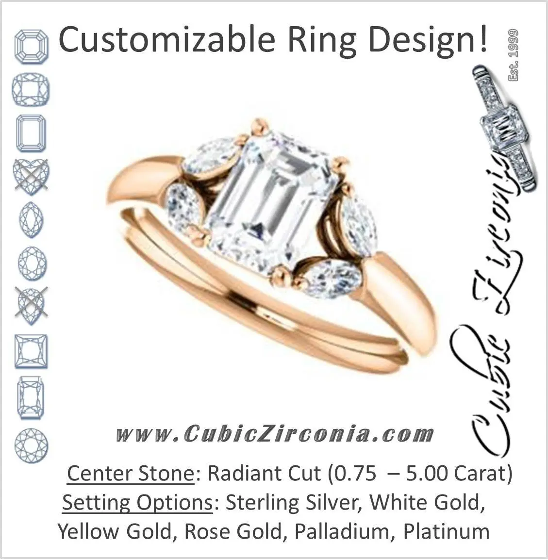 Cubic Zirconia Engagement Ring- The Leeanne (Customizable 5-stone Design with Radiant Cut Center and Marquise Accents)
