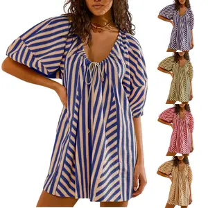 JovenPara Womens Oversized Striped Romper Casual Loose Puff Sleeve Wide Leg Jumpsuit Overall with Pockets
