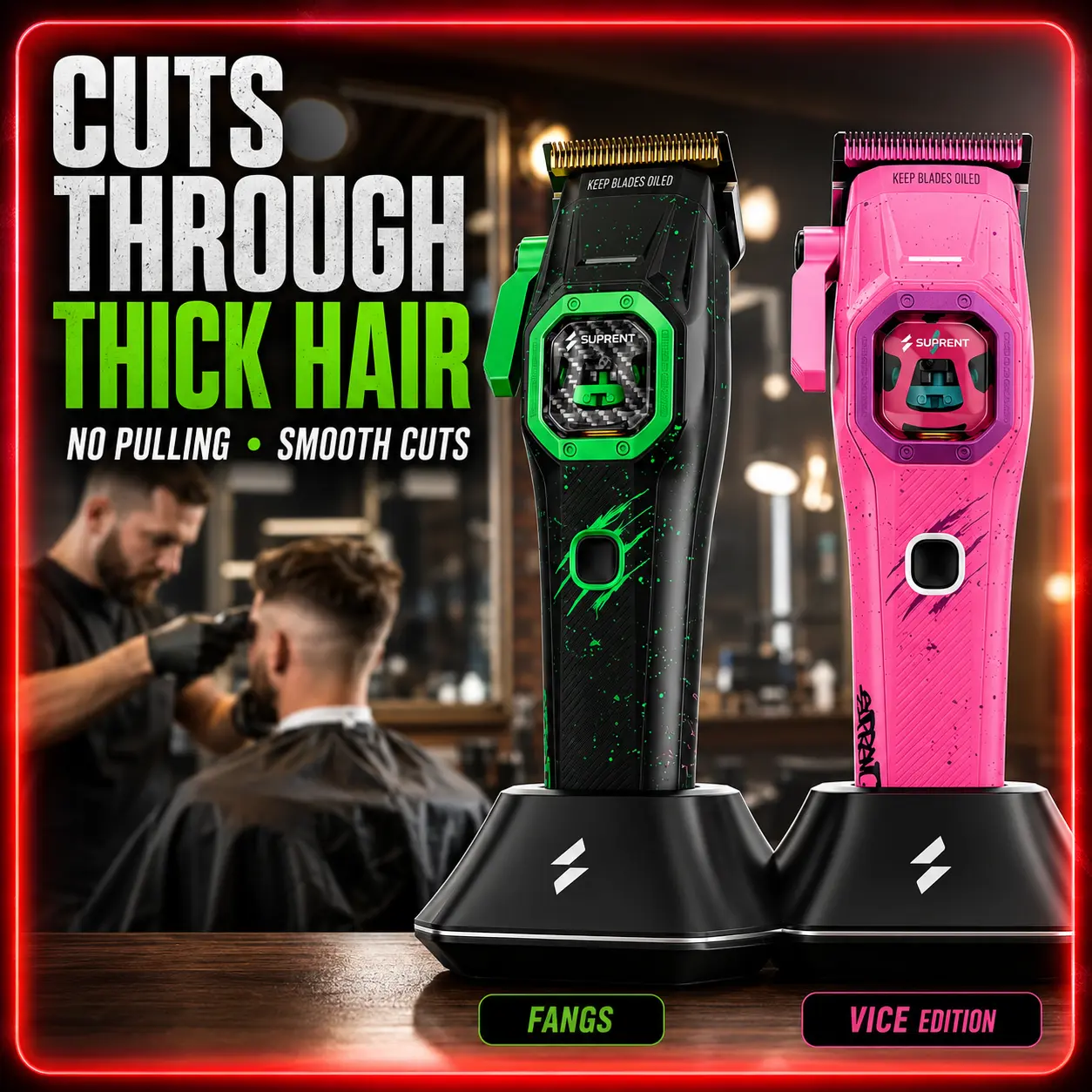 Suprent FANGS Vector Clipper – 13,000 RPM AI Controlled Motor Unique U-Shape Blade- Dual Mode Lever LED Light- Professional Hair Trimmer for Barbers-Gift for man