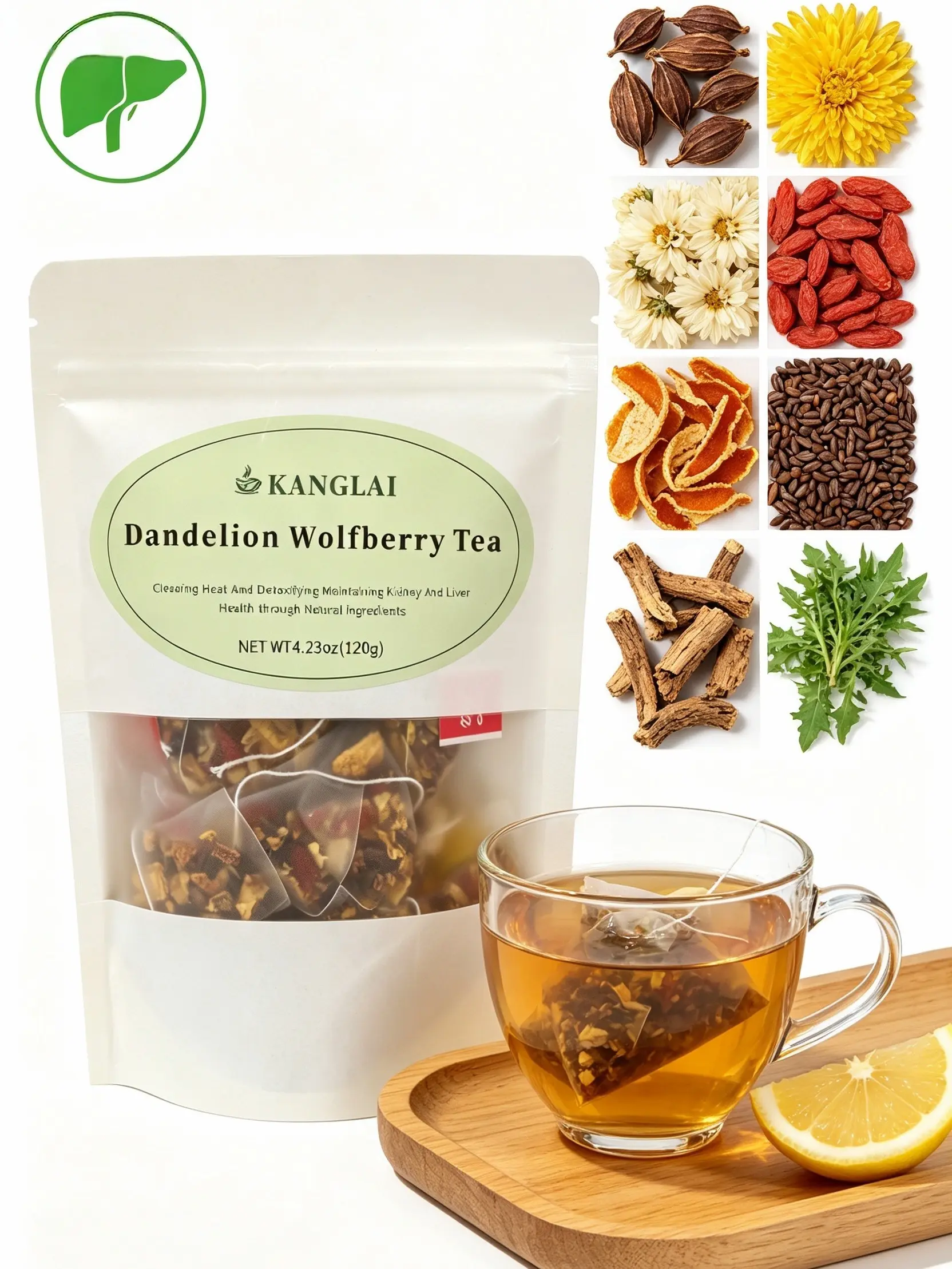 premium dandelion goji herbal tea,12 tea bags herbal tea,natural detox wellness tea,kidney liver support tea,immune support healthcare tea,night shift herbal tea,caffeine free office herbal tea