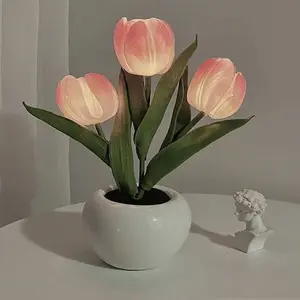 Tulip Night Light with Vase - Battery Operated Aesthetic Flower Lamp, Modern Ambient Mood Lighting for Bedroom & Home Office Desk, Unique Birthday or Anniversary Gift for Women