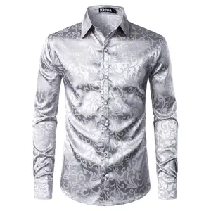 ZEROYAA Men's Luxury Jacquard Long Sleeve Dress Shirt Shiny Satin Slik Like Wedding Party Prom Shirts